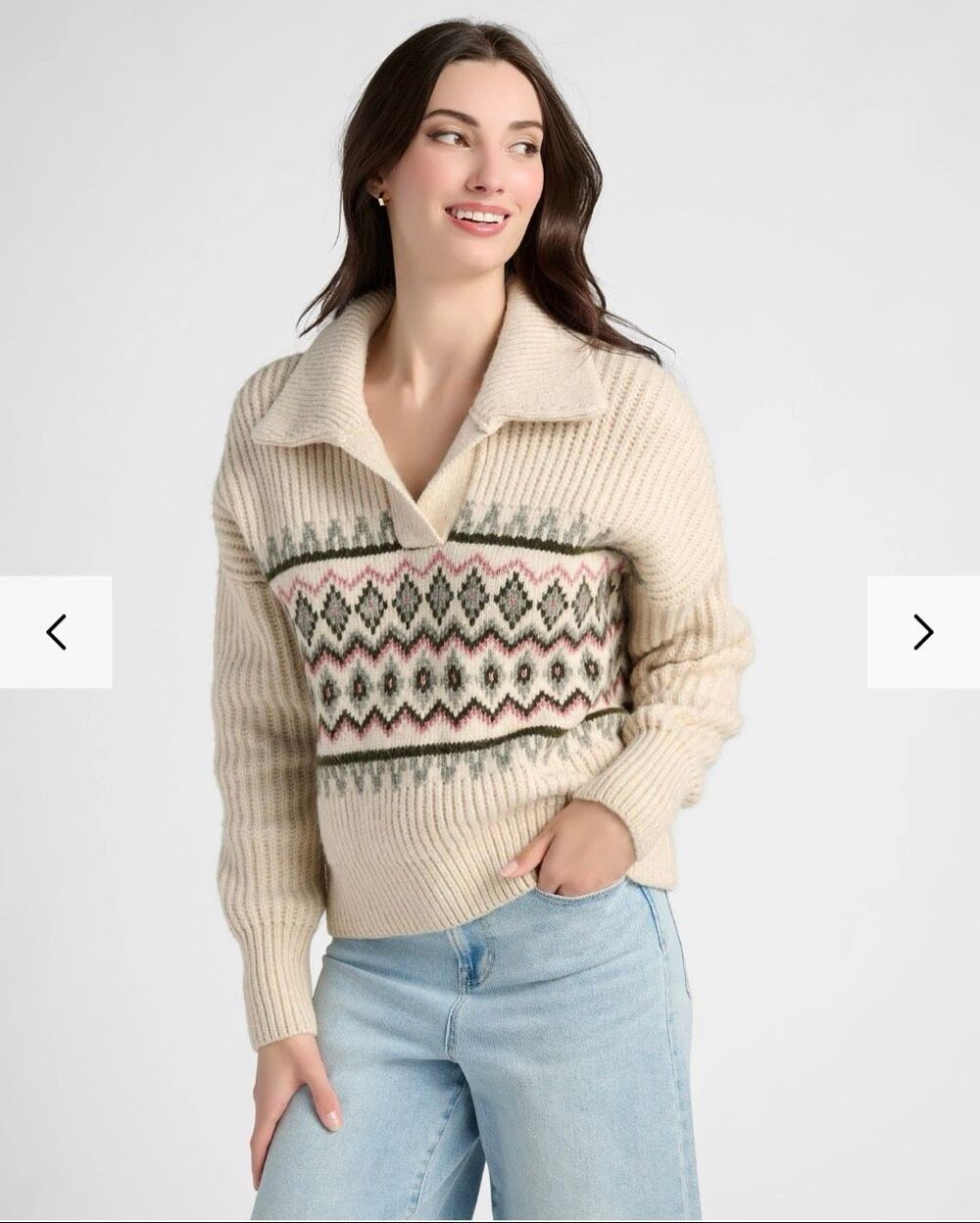 NWOT Herizon Patterned V-Neck Collared Pullover Sweater S